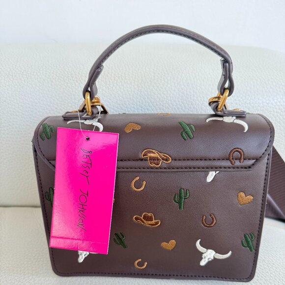 NWT BETSEY JOHNSON XOMYLO SATCHEL CROSSBODY BAG HORSESHOE KEYRING BROWN - Picture 2 of 6